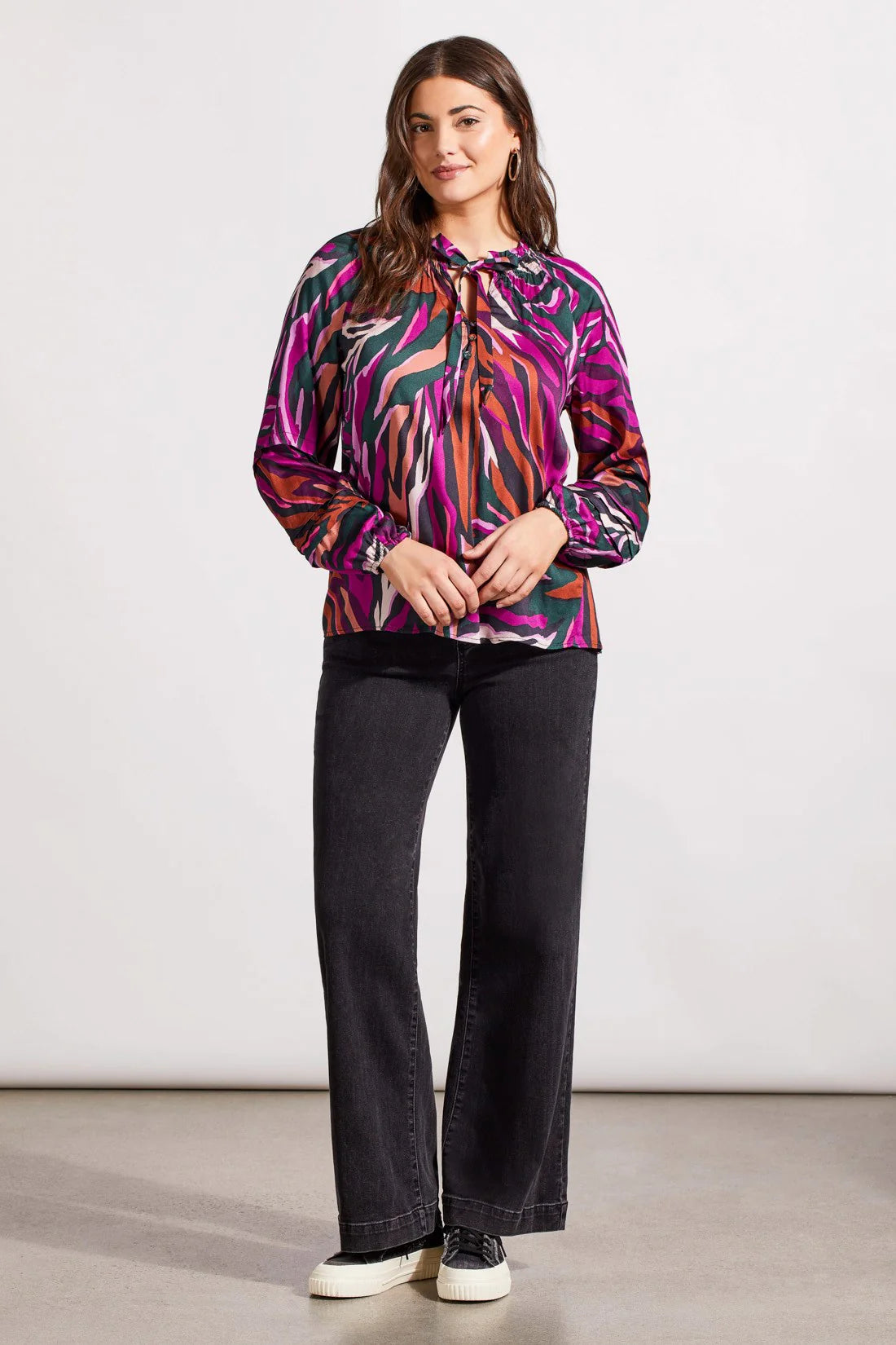 Tribal PRINTED CHALLIS RAGLAN SLEEVE BLOUSE WITH PLEATED DETAILS