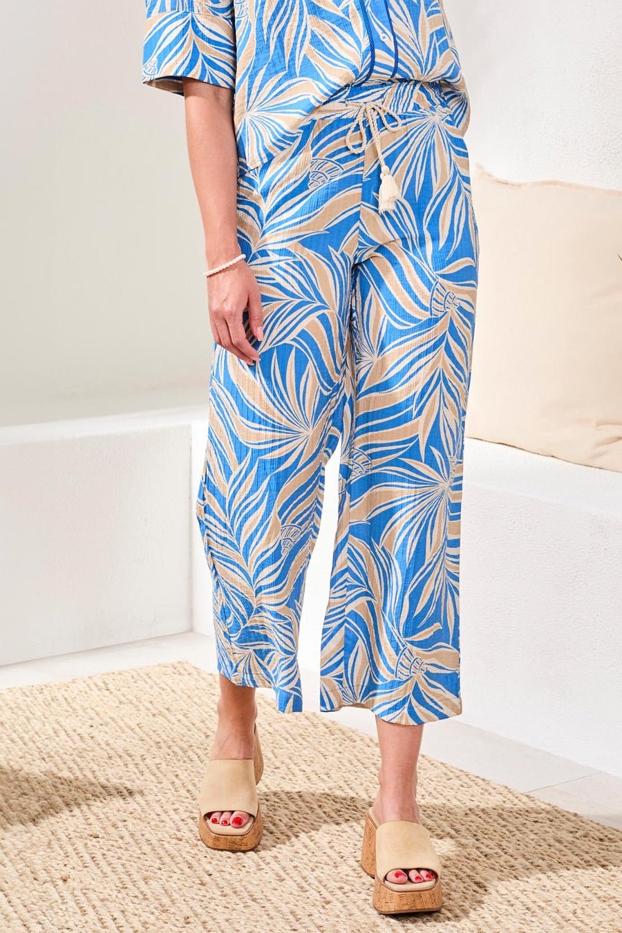 Tribal Printed Flowy Ankle Pants with Drawstring Waist