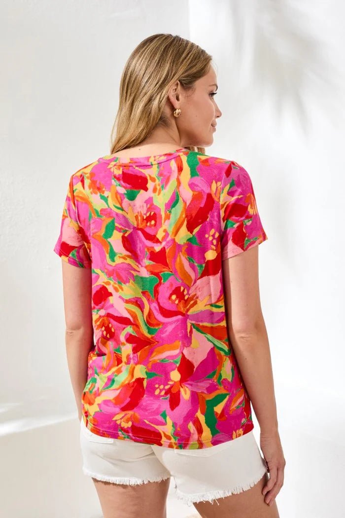 Tribal Printed Jersey Crew Neck Top | Pink Glow - Juli's Wearable Art