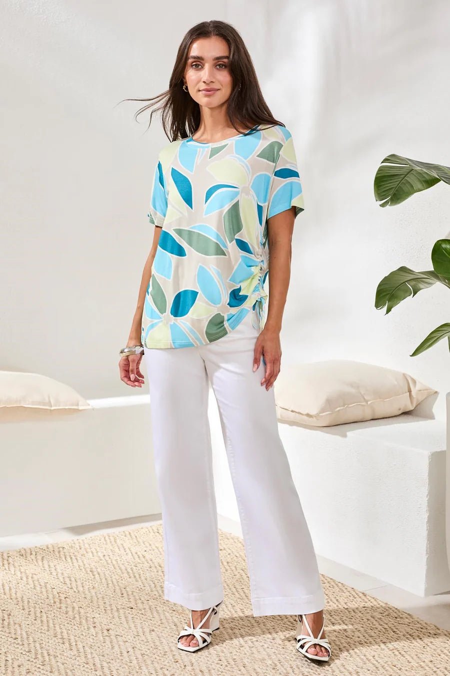 Tribal Printed Jersey Crew Neck Top With Side Ruching | Aqua Sky - Juli's Wearable Art