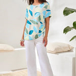 Tribal Printed Jersey Crew Neck Top With Side Ruching | Aqua Sky - Juli's Wearable Art