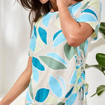 Tribal Printed Jersey Crew Neck Top With Side Ruching | Aqua Sky - Juli's Wearable Art
