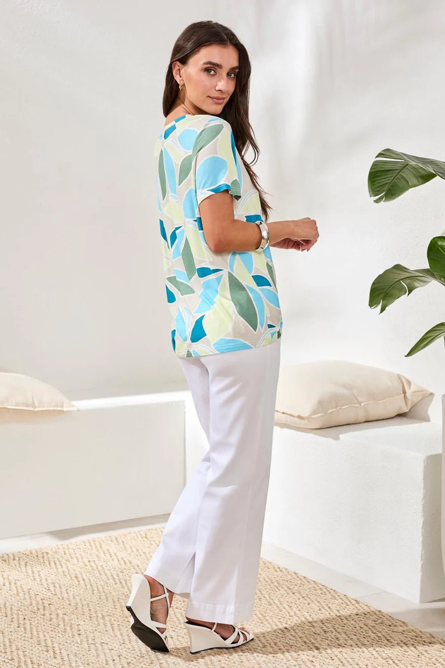 Tribal Printed Jersey Crew Neck Top With Side Ruching | Aqua Sky - Juli's Wearable Art