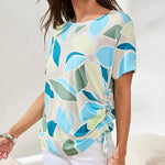 Tribal Printed Jersey Crew Neck Top With Side Ruching | Aqua Sky - Juli's Wearable Art