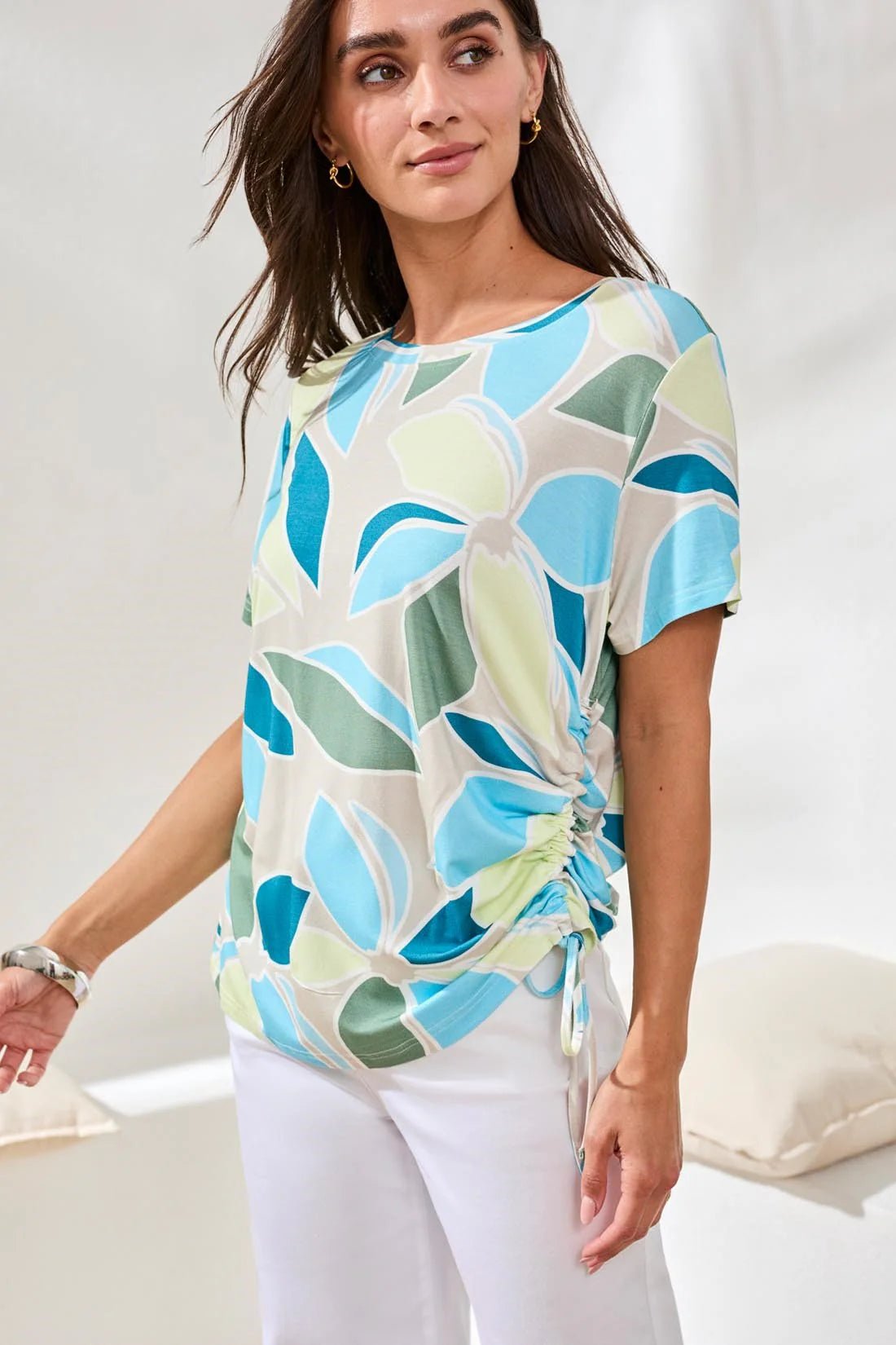 Tribal Printed Jersey Crew Neck Top With Side Ruching | Aqua Sky