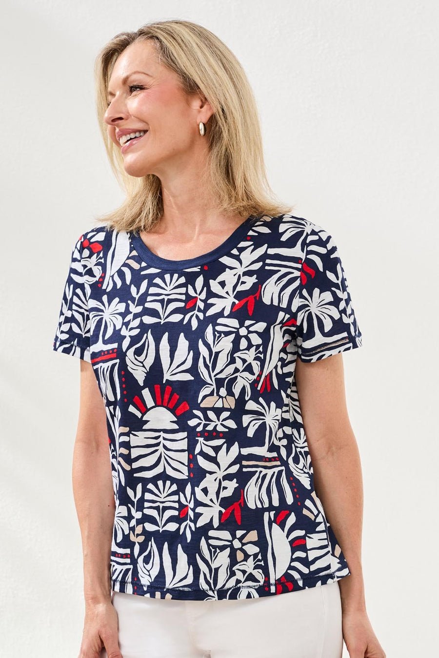 Tribal Printed Nautical Inspired Knit Crew Neck Top