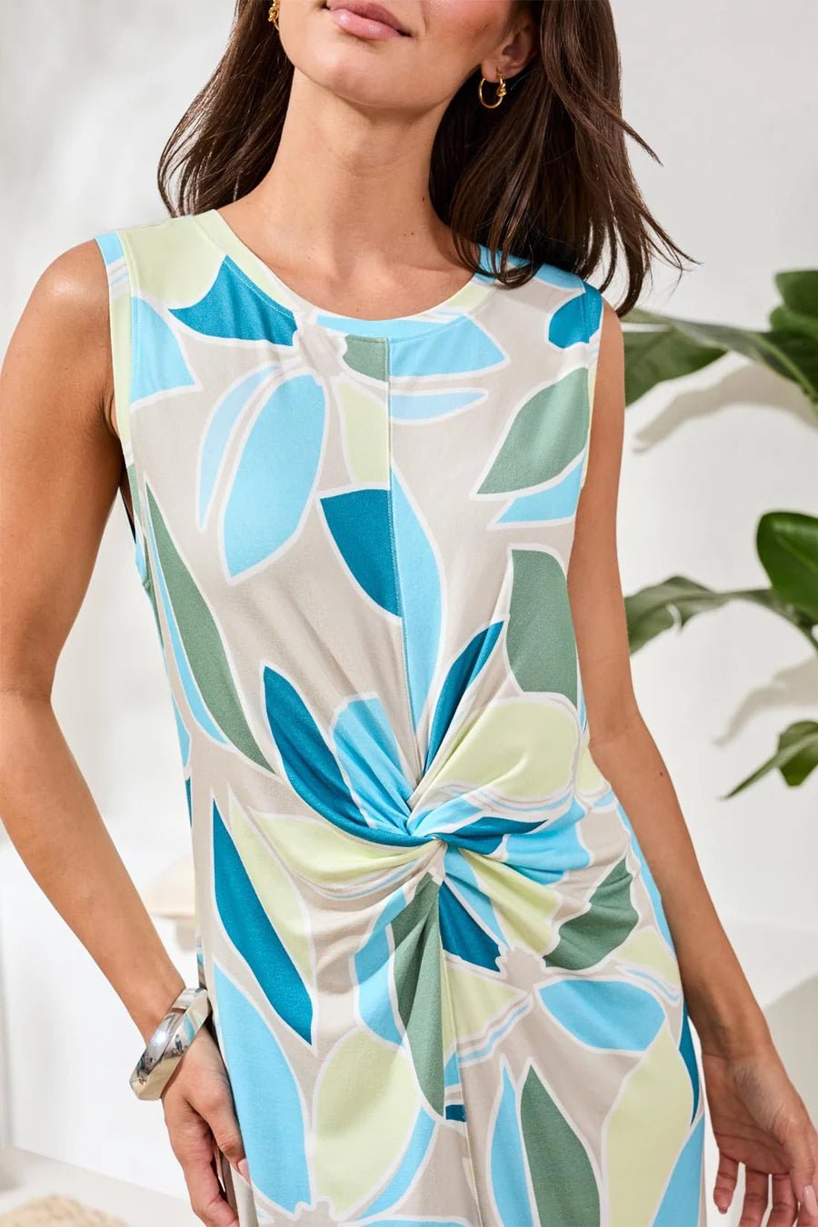 Tribal Printed Sleeveless Jersey Front - Knot Dress | Aqua Sky - Juli's Wearable Art