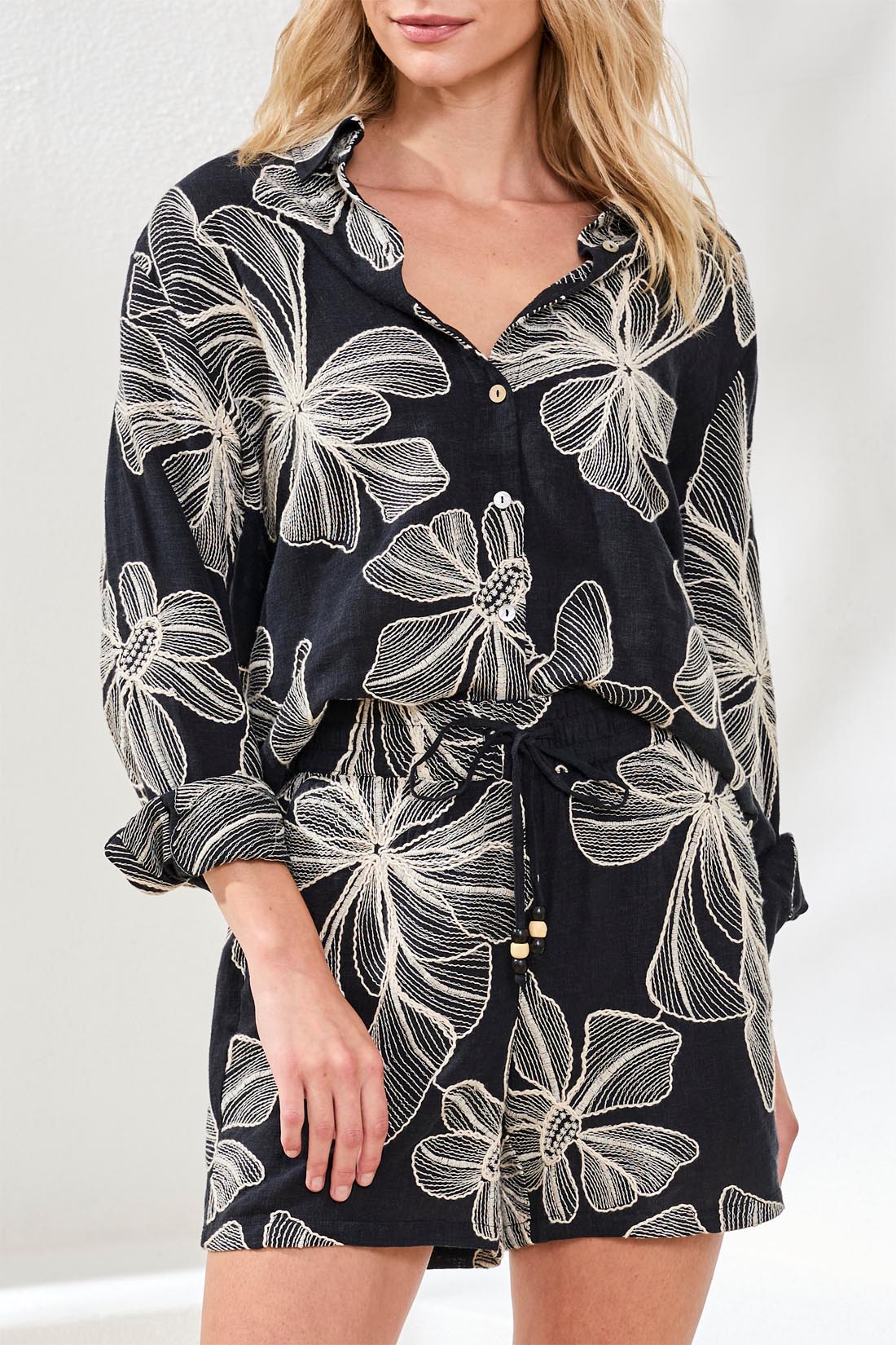 Tribal Pull - On Shorts with Drawcord | Black Floral - Juli's Wearable Art