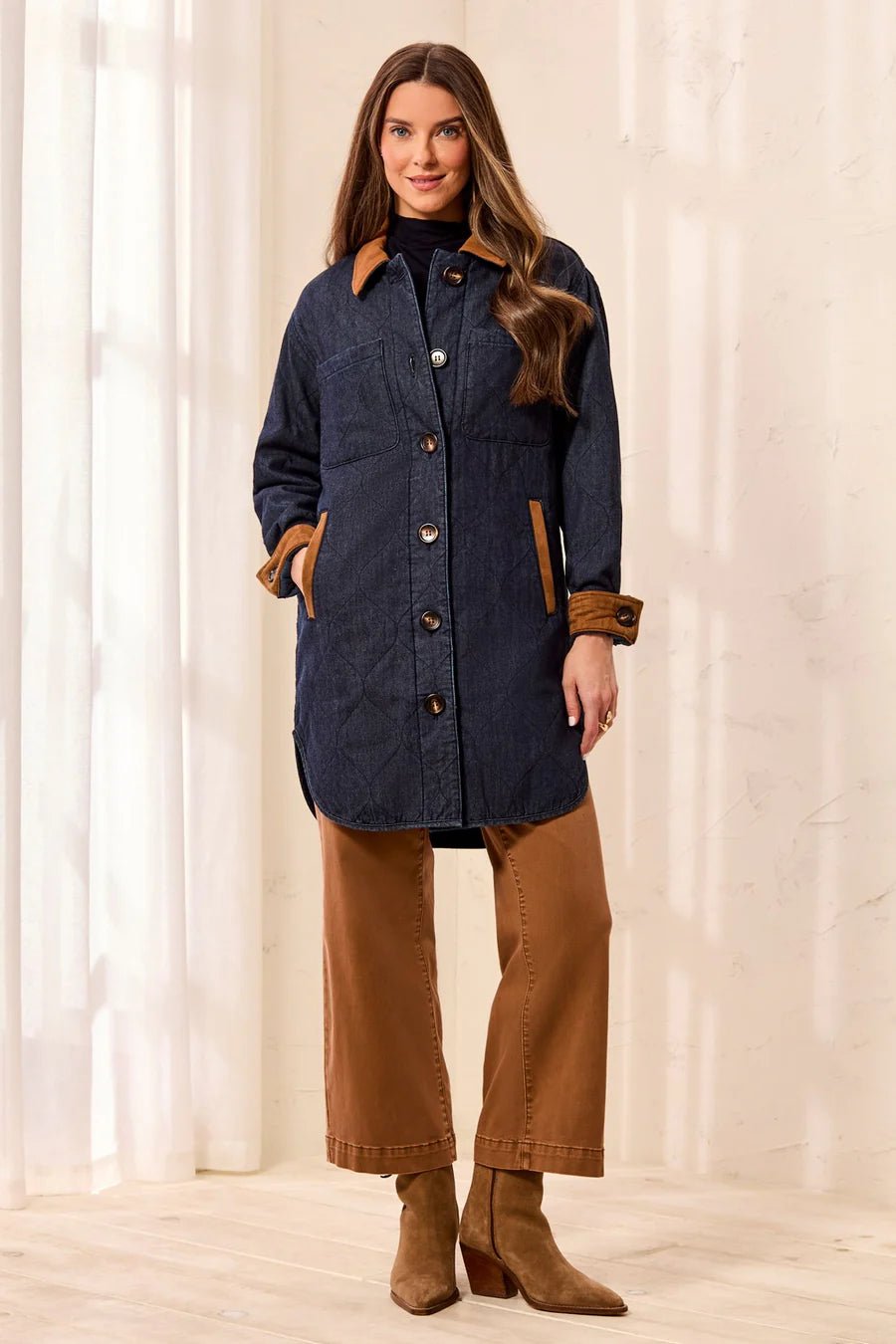 Tribal Quilted Denim Suede Trim Button-Front Jacket | Rinse - Juli's Wearable Art