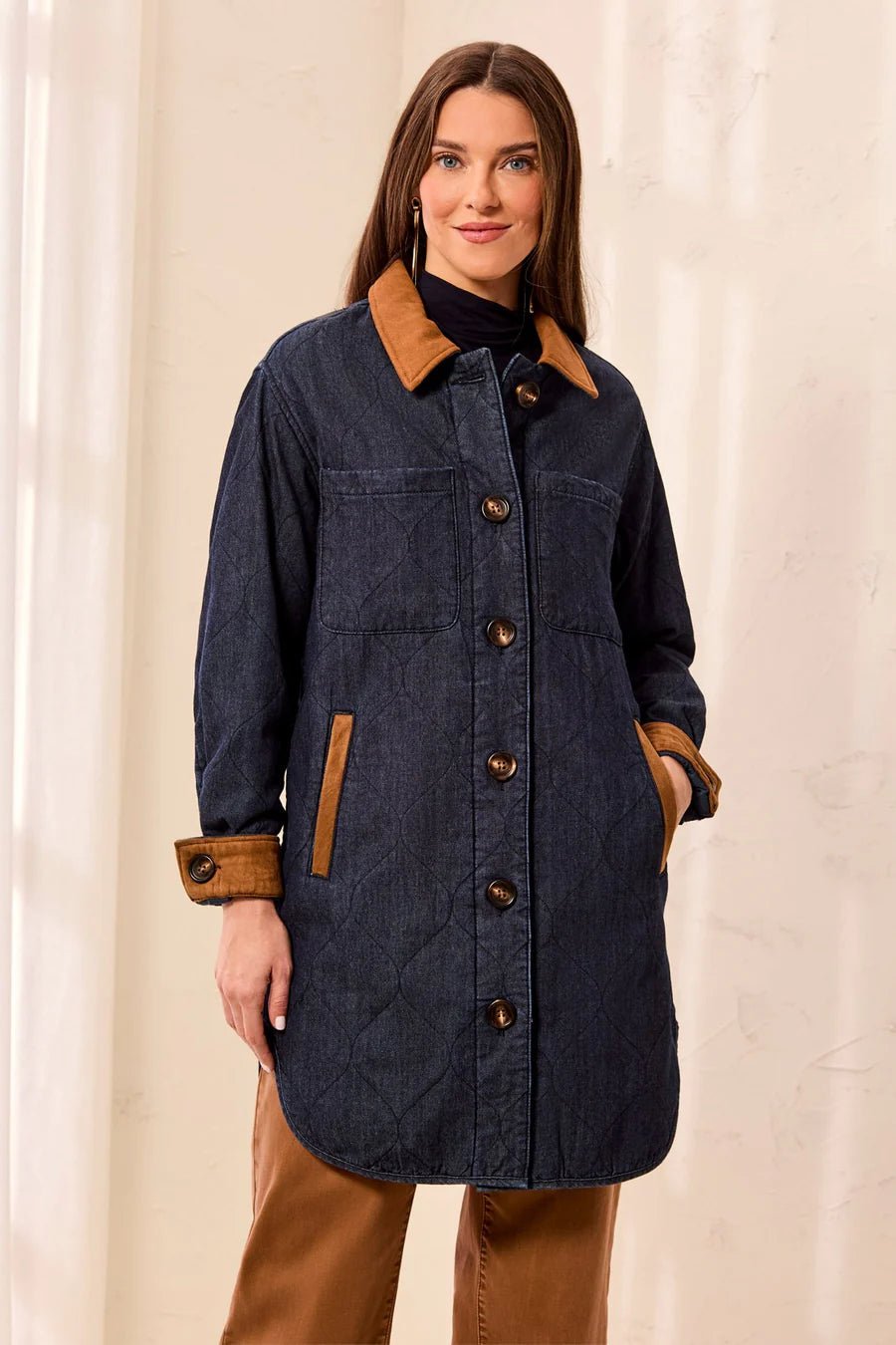 Tribal Quilted Denim Suede Trim Button-Front Jacket | Rinse