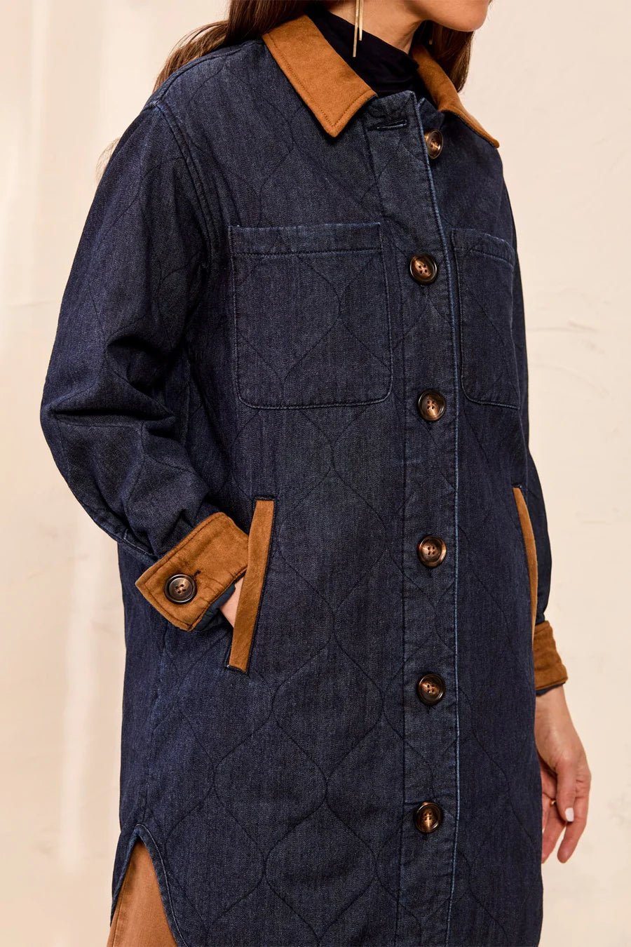 Tribal Quilted Denim Suede Trim Button-Front Jacket | Rinse
