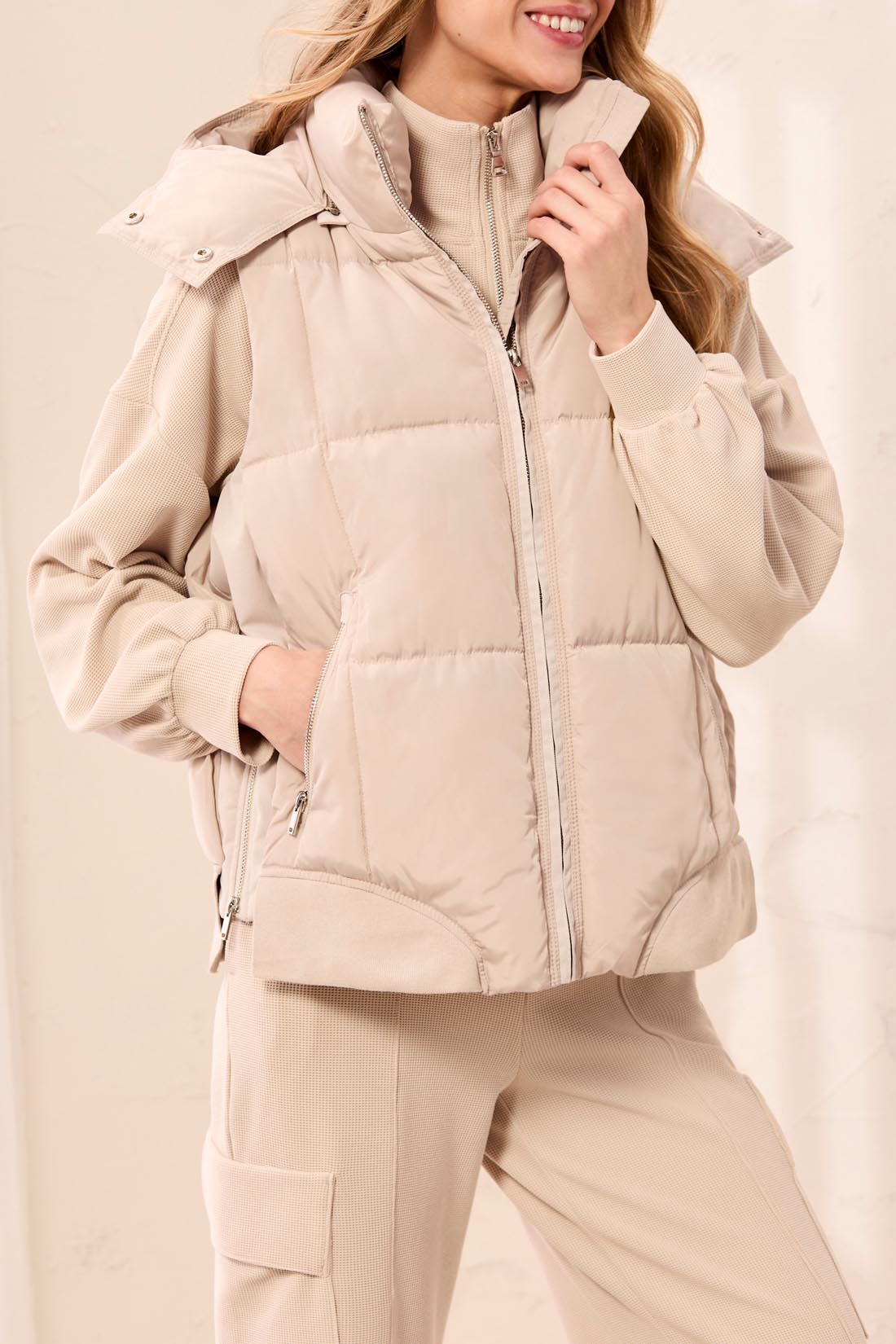 Tribal Quilted Puffer Vest with Removable Hood | Sand Dune