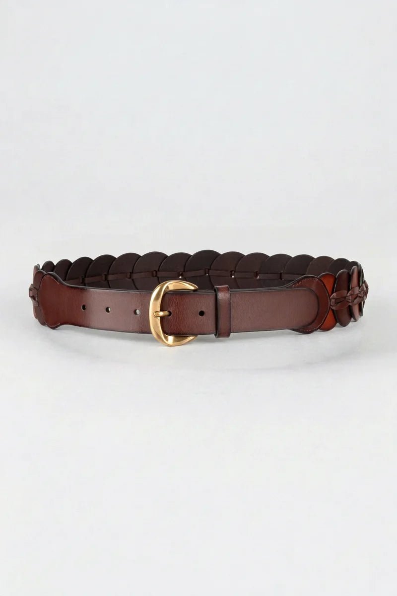 Tribal Quinn Wide Pieced Leather Harness Belt with Scalloped Panels | Brown