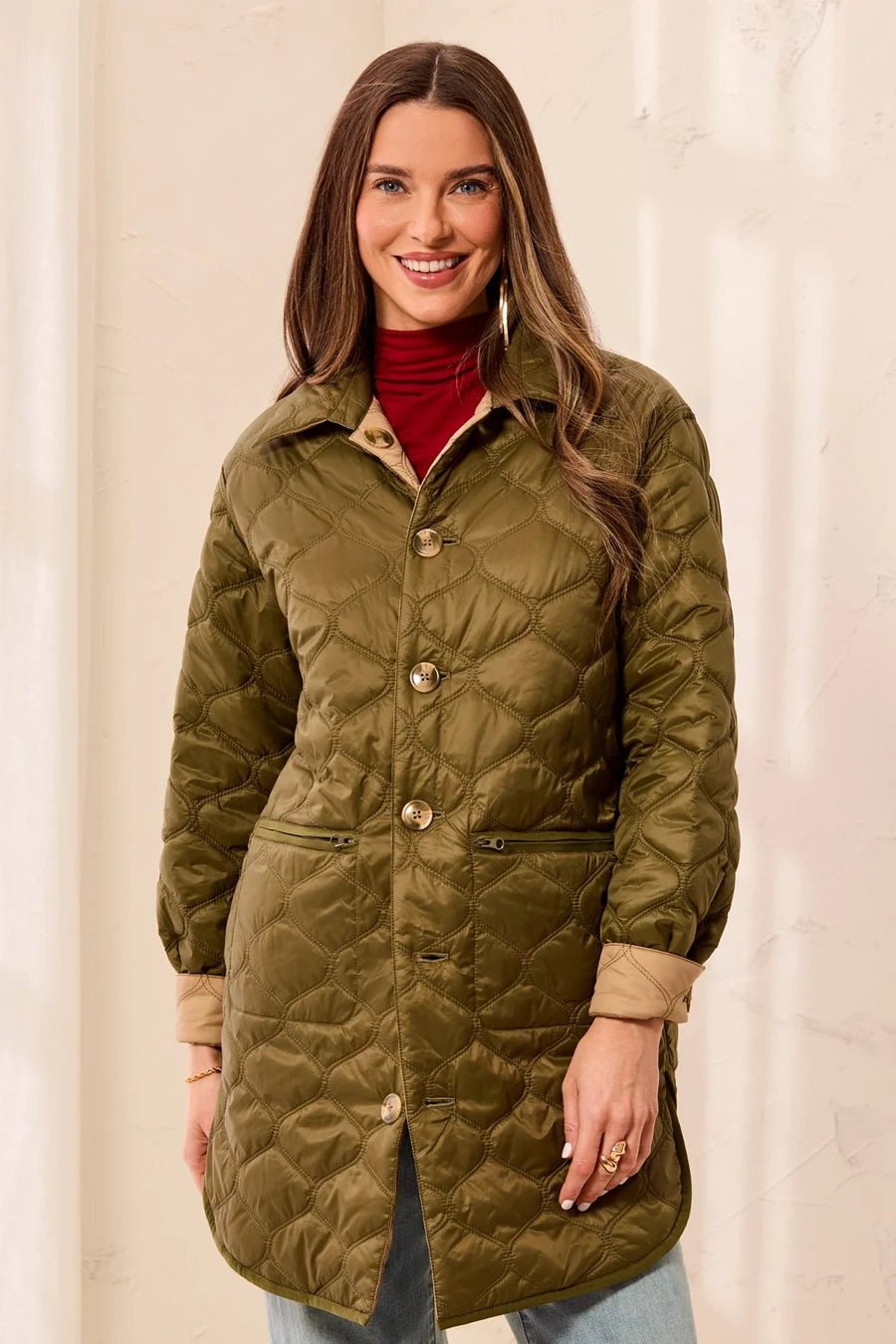 Tribal Reversible Diamond Quilted Button-Front Jacket | Olive/Suede