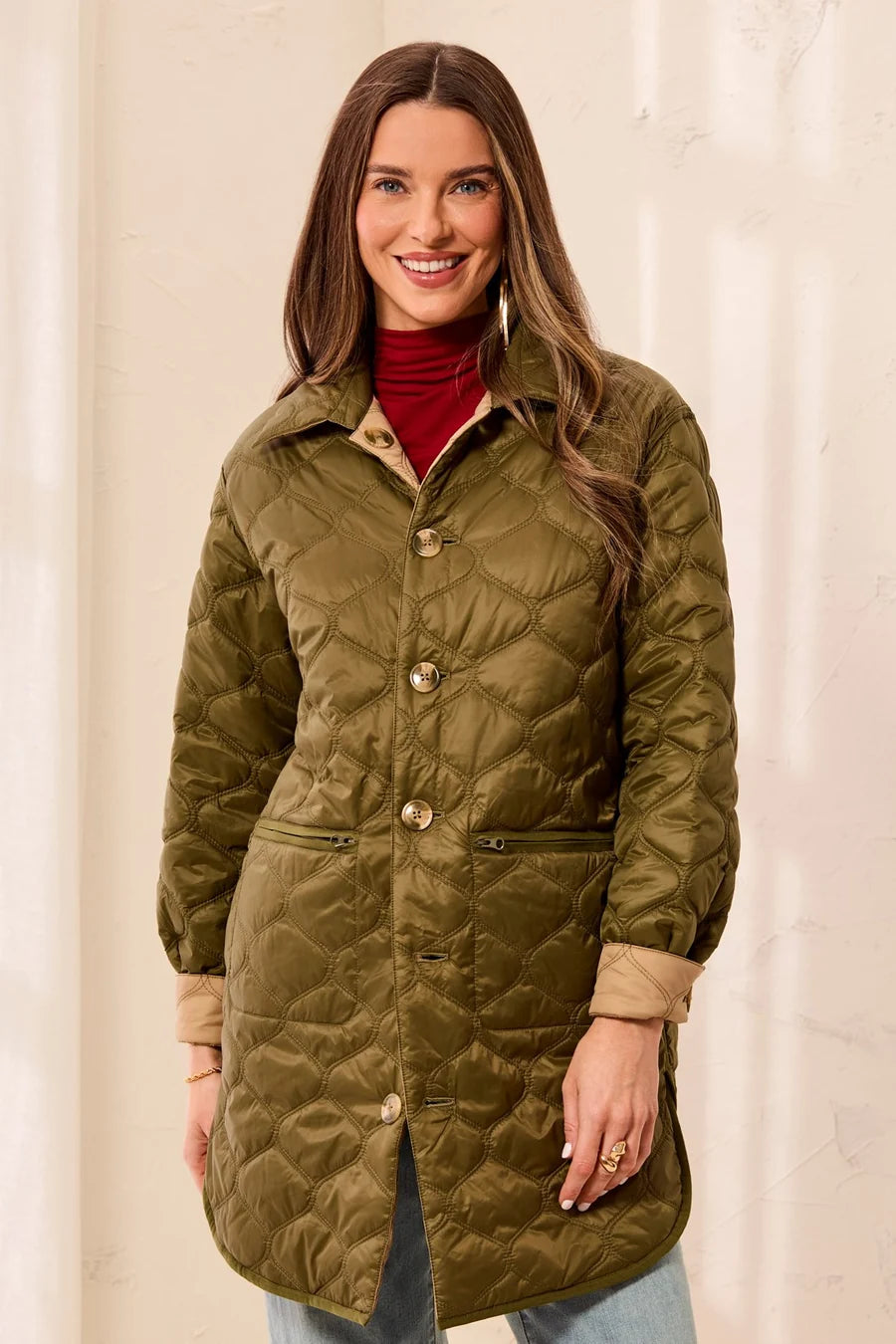 Tribal Reversible Diamond Quilted Button-Front Jacket | Olive/Suede