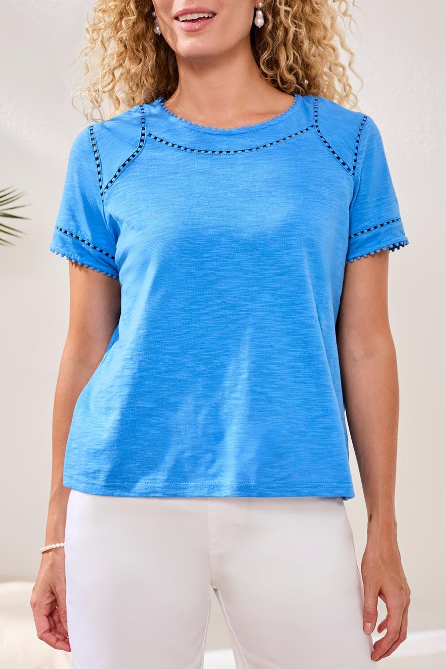 Tribal Royal Blue Cotton Slub Short Sleeve Top With Lace Detail - Juli's Wearable Art
