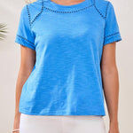 Tribal Royal Blue Cotton Slub Short Sleeve Top With Lace Detail - Juli's Wearable Art