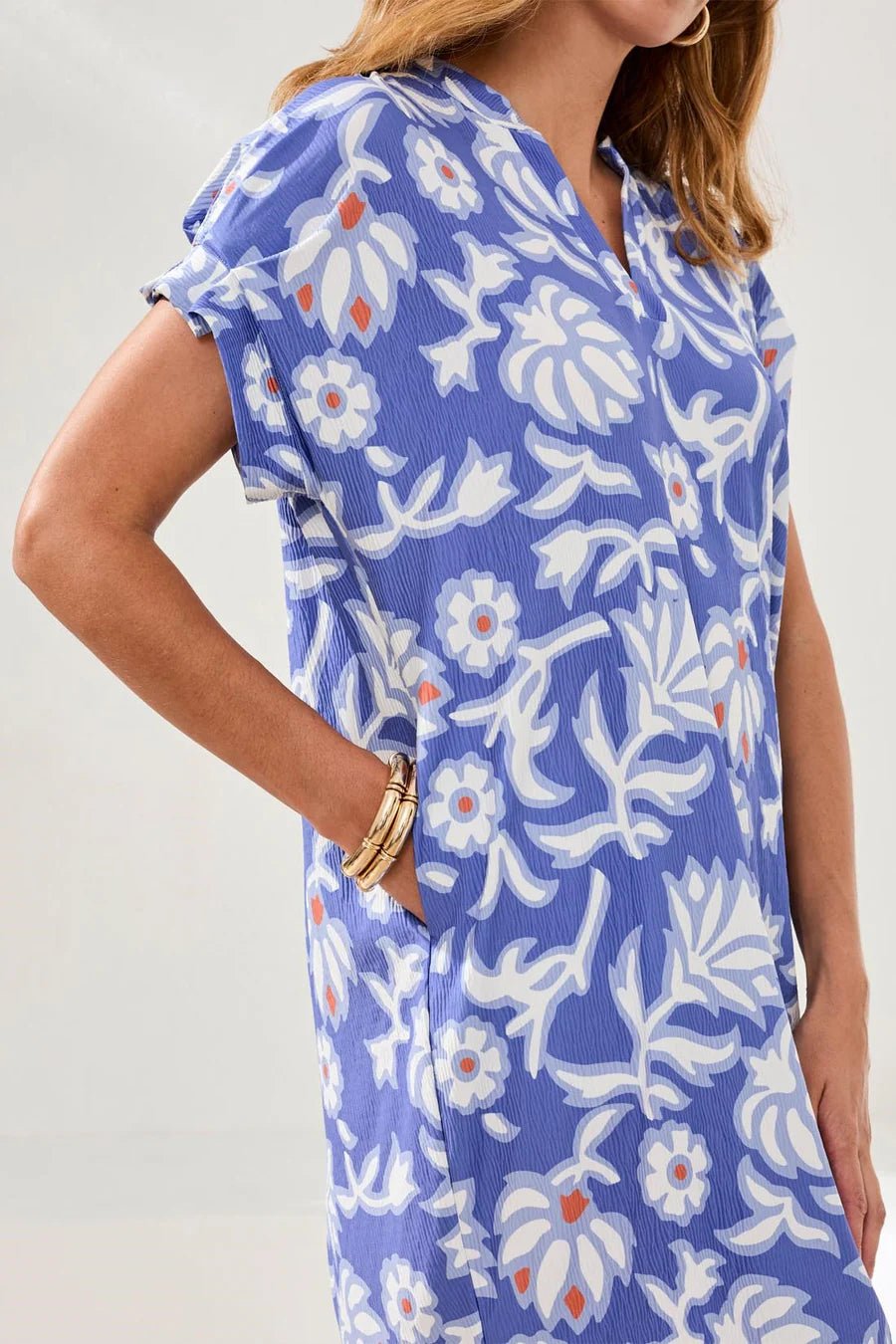 Tribal Ruffle-Sleeve Notch Neck Shift Dress | Baja Blue