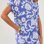 Tribal Ruffle - Sleeve Notch Neck Shift Dress | Baja Blue - Juli's Wearable Art