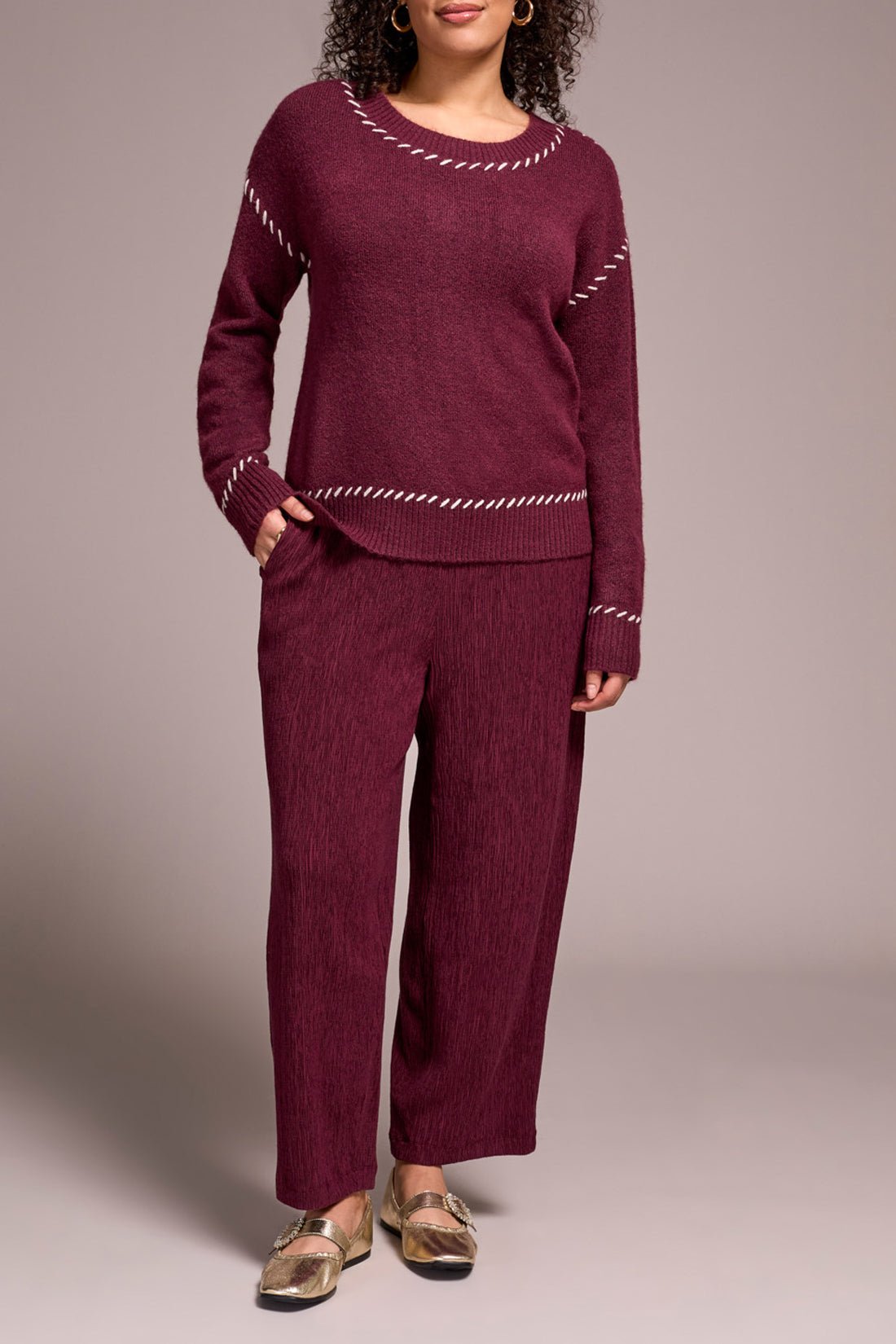 Tribal Saddle Stitch Crew Neck Sweater - Wine - Juli's Wearable Art