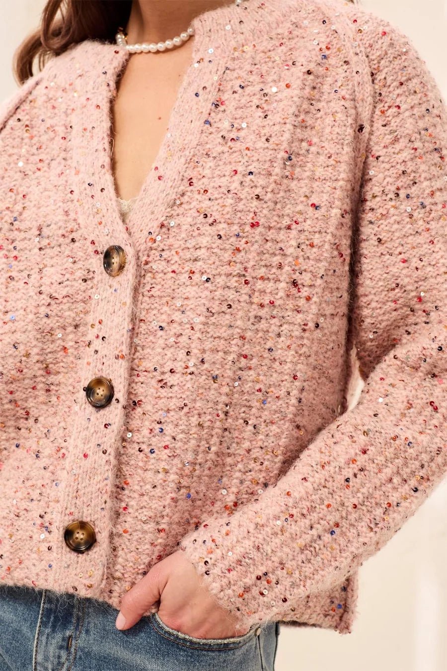 Tribal Sequined Button Front Notch Neck Sweater Cardigan | Macaroon - Juli's Wearable Art