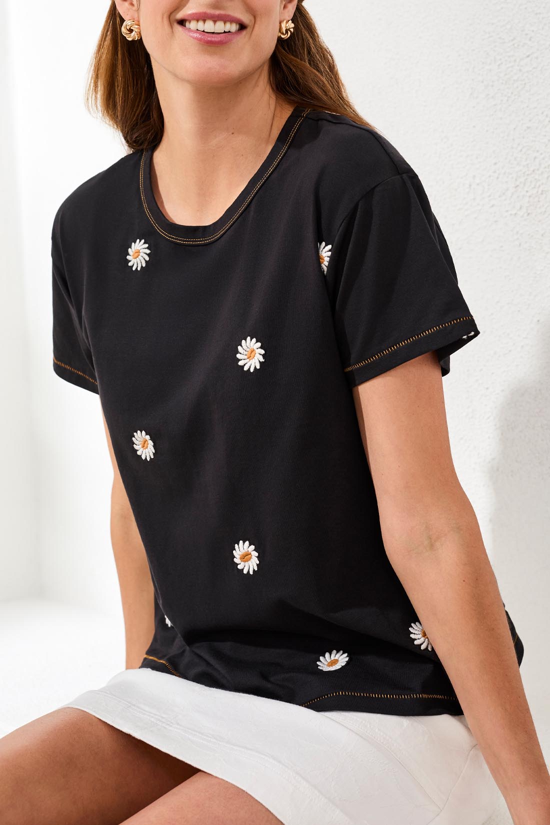 Tribal Short Sleeve Crew Neck Top with Embroidery