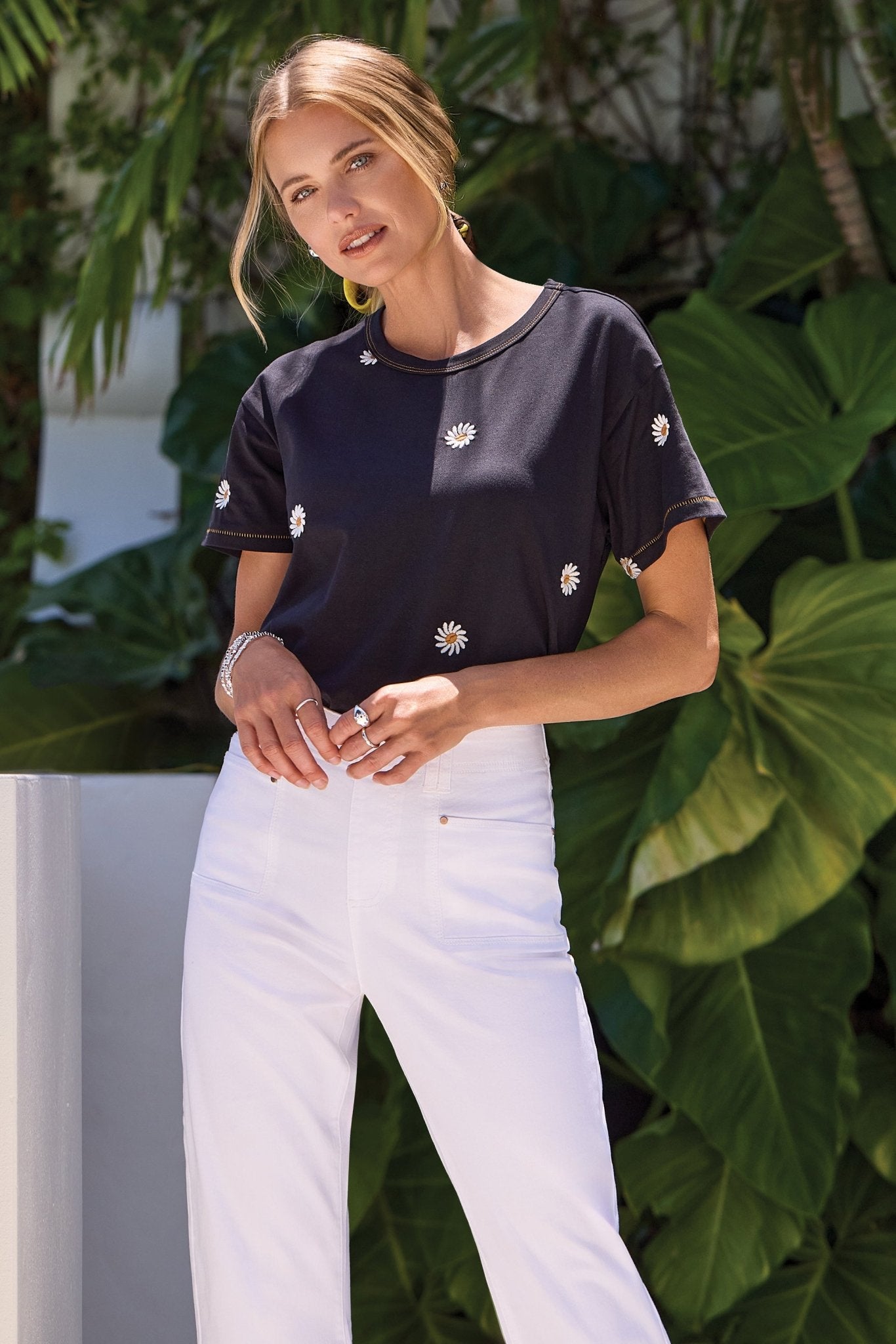 Tribal Short Sleeve Crew Neck Top with Embroidery