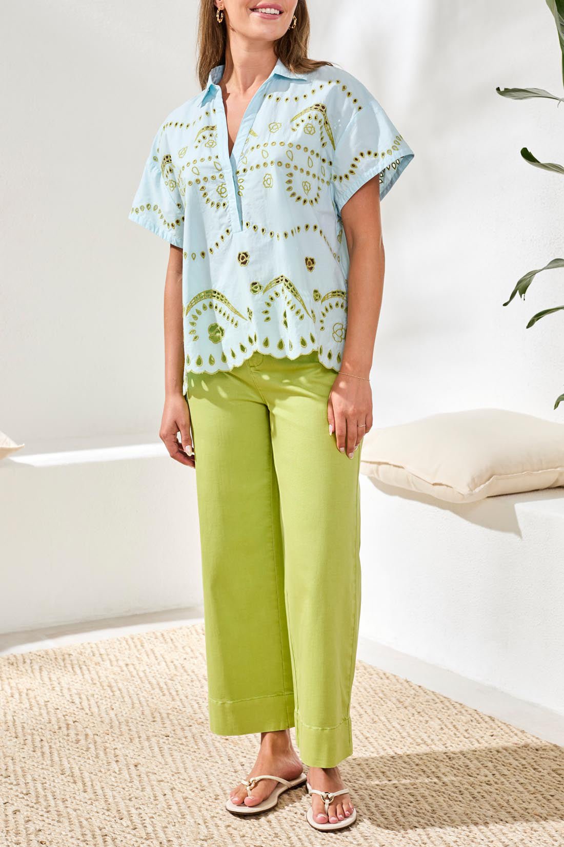 Tribal Short Sleeve Popover Embroidered Blouse | Light Aqua Sky - Juli's Wearable Art