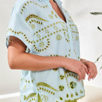 Tribal Short Sleeve Popover Embroidered Blouse | Light Aqua Sky - Juli's Wearable Art