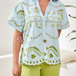 Tribal Short Sleeve Popover Embroidered Blouse | Light Aqua Sky - Juli's Wearable Art