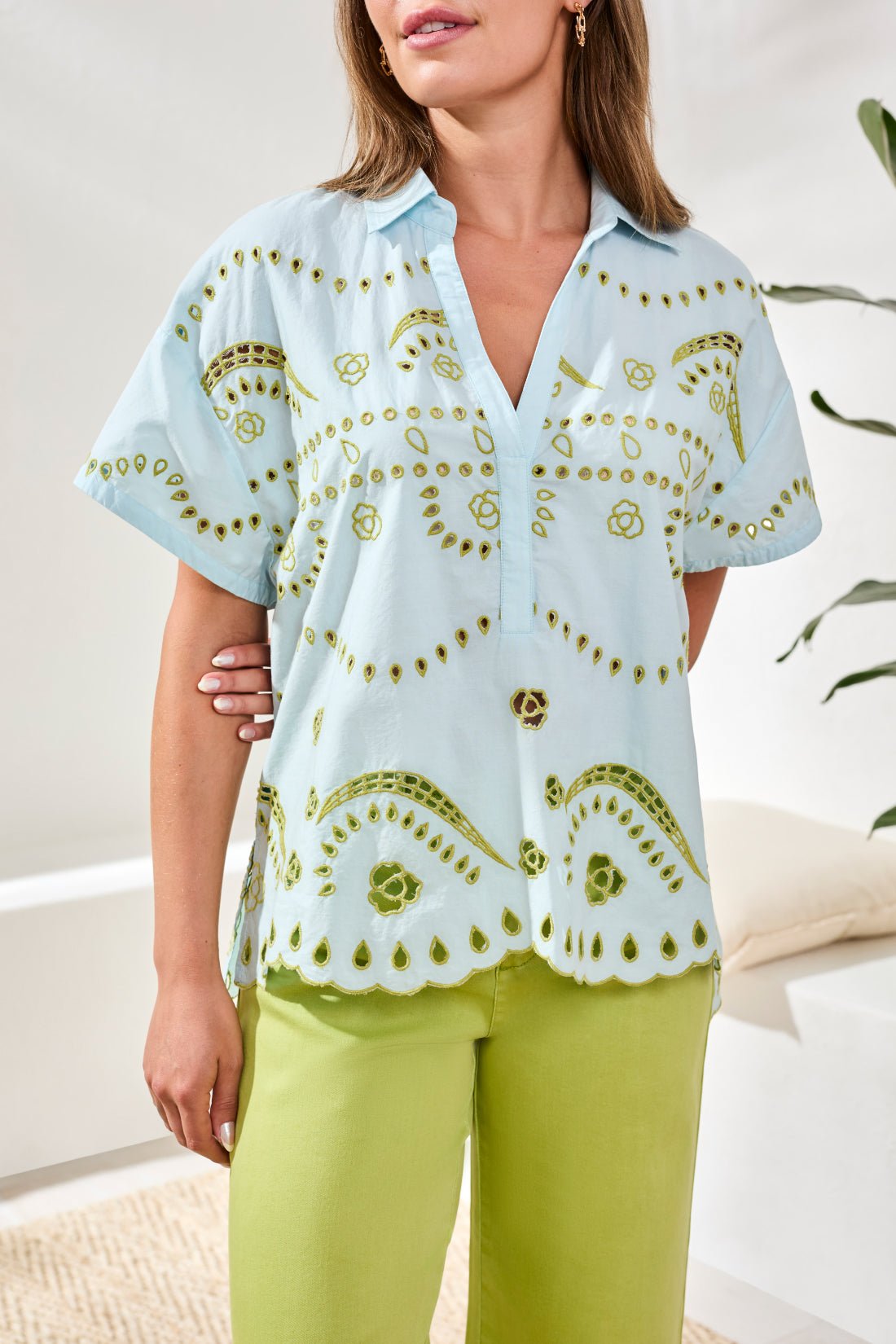 Tribal Short Sleeve Popover Embroidered Blouse | Light Aqua Sky