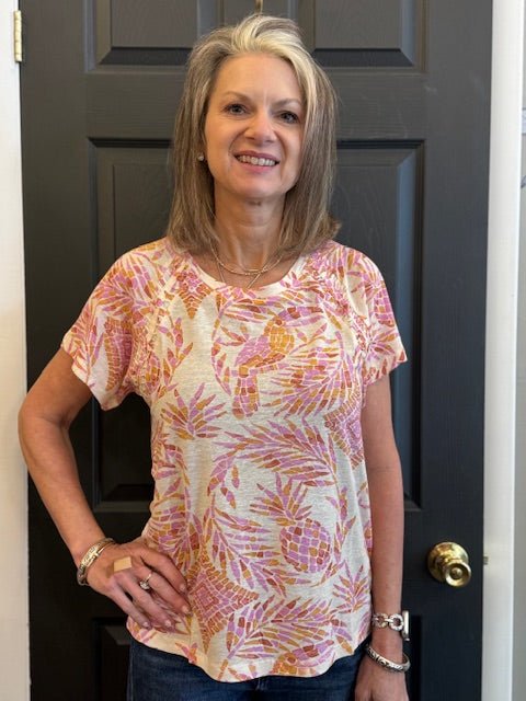 Tribal Short Sleeve Scoop Neck Top with Pleating Detail | Terracota - Juli's Wearable Art