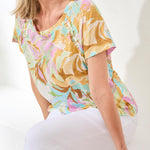 Tribal Short Sleeve Scoop Neck Top with Pleating Detail | Wisteria - Juli's Wearable Art
