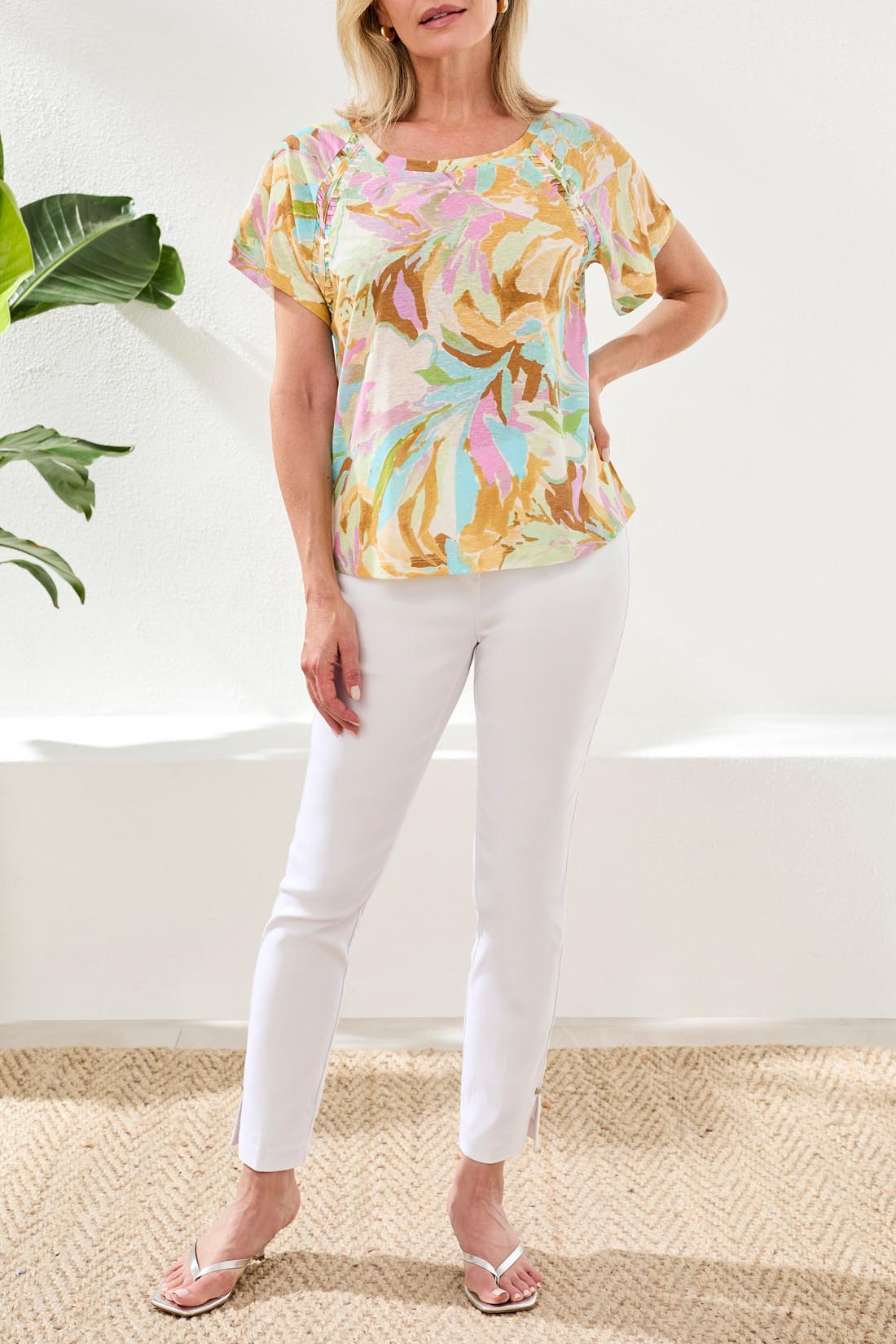 Tribal Short Sleeve Scoop Neck Top with Pleating Detail | Wisteria - Juli's Wearable Art