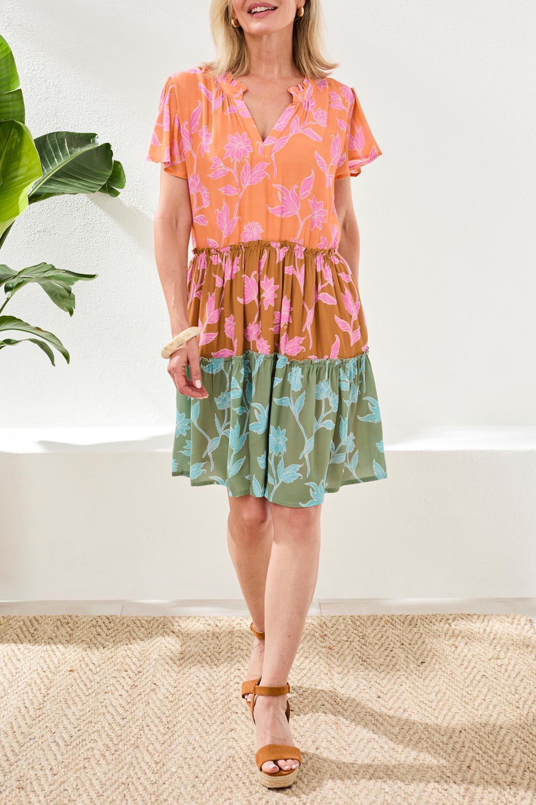 Tribal Short Sleeve Tiered Dress with Lining | Wistera - Juli's Wearable Art