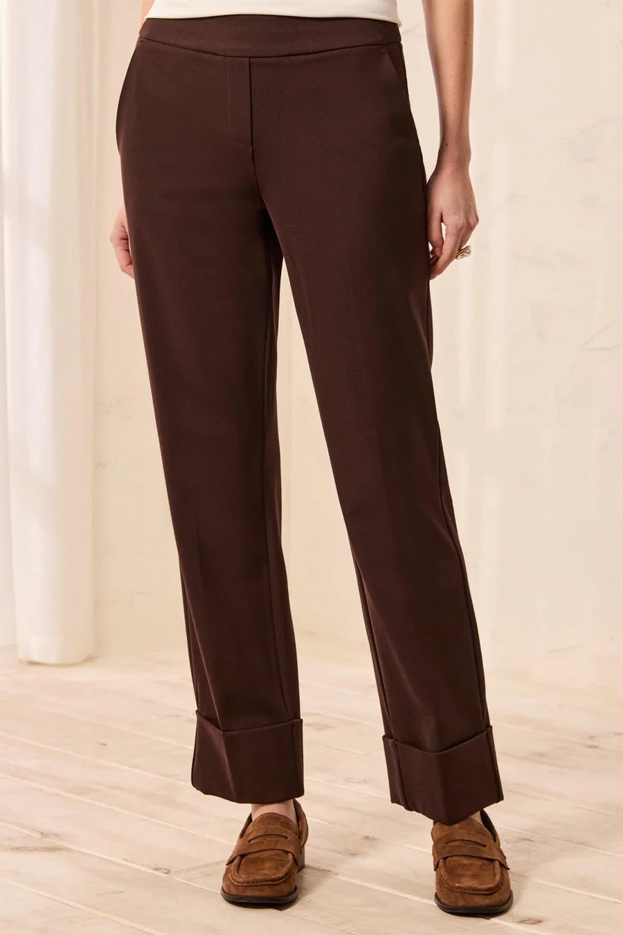 Tribal Signature Luxury Twill Straight Leg Cuffed Pull-On Pants | Espresso - Juli's Wearable Art