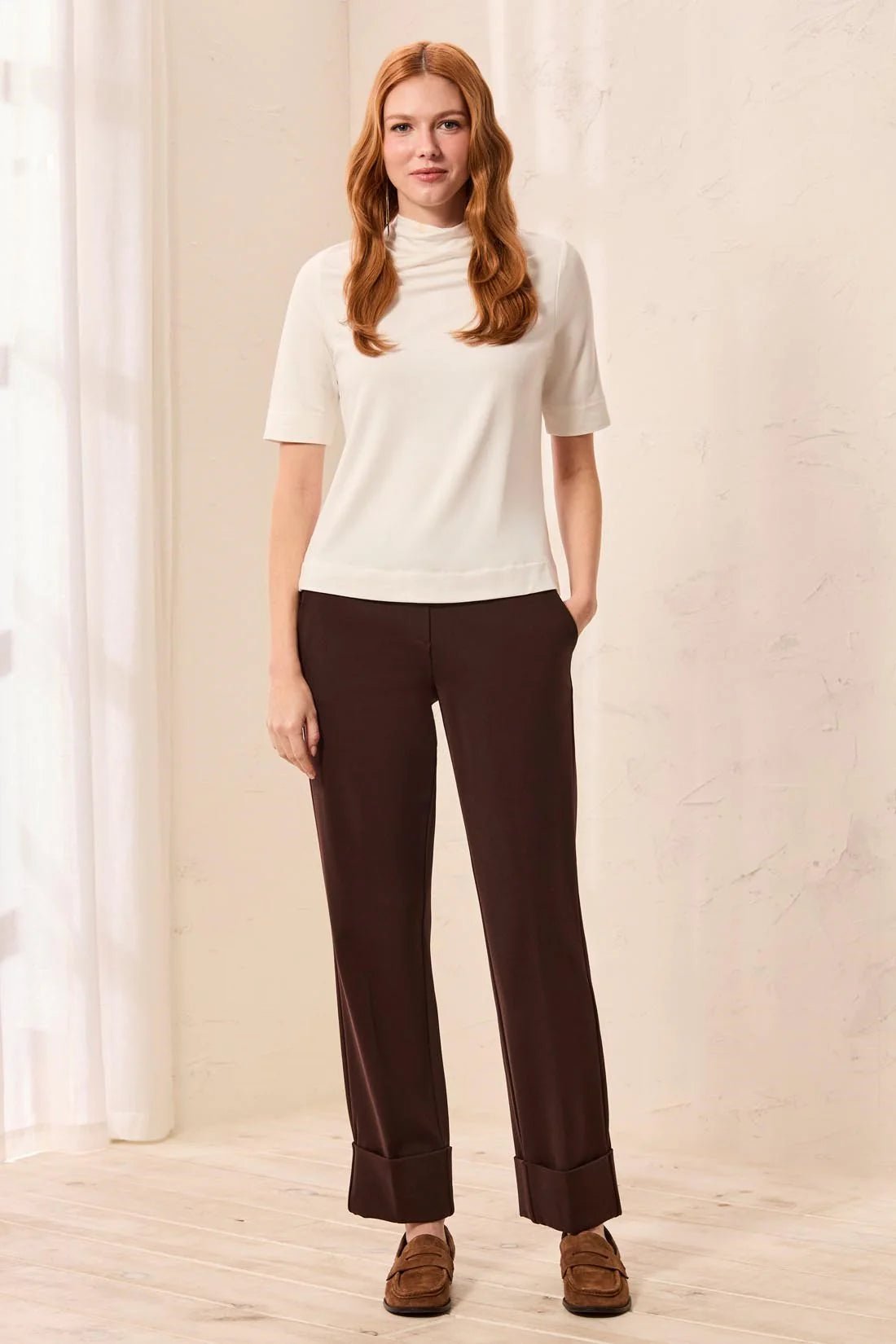Tribal Signature Luxury Twill Straight Leg Cuffed Pull-On Pants | Espresso