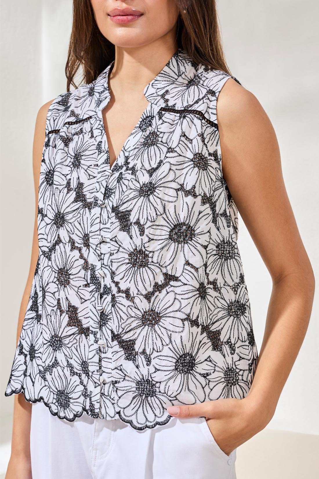 Tribal Sleeveless Button Front Blouse | Black & White Floral