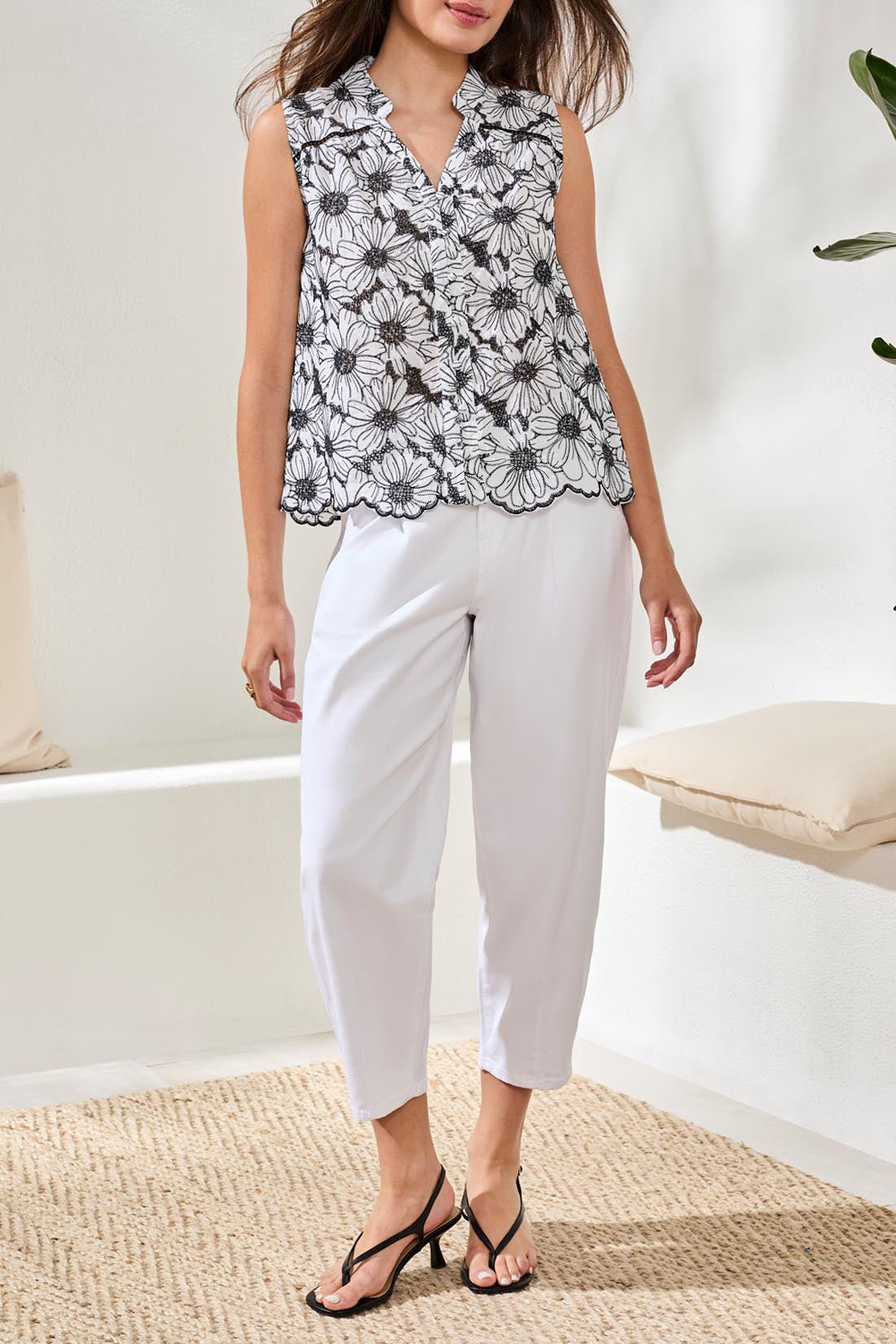 Tribal Sleeveless Button Front Blouse | Black & White Floral - Juli's Wearable Art