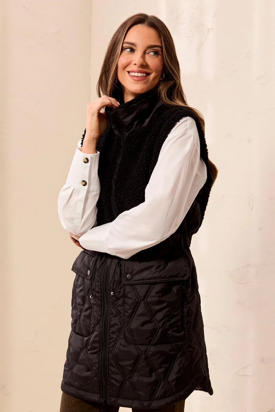 Tribal Mixed Media Quilted Sherpa Vest | Black