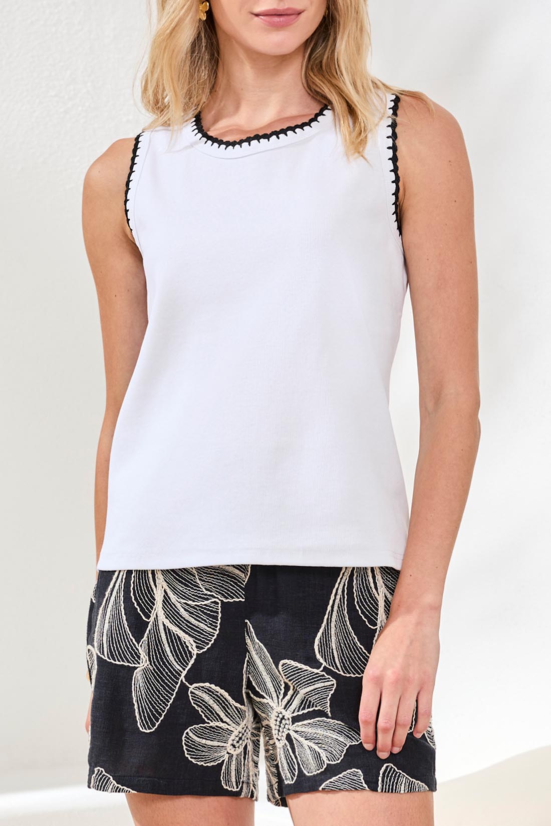 Tribal Sleeveless Top with Crochet Trim | White