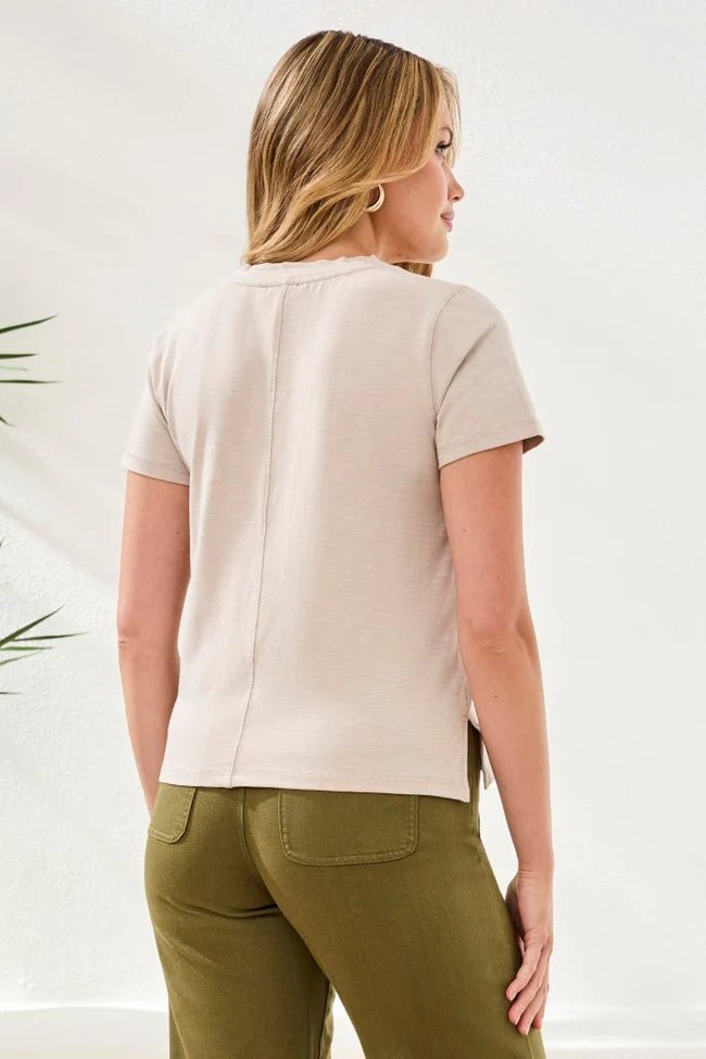 Tribal Slub Knit V-Neck Top with Double Trim Detail | Quartz