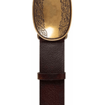 Tribal Smooth Leather Belt with Etched Gold-Tone Plaque | Brown - Juli's Wearable Art