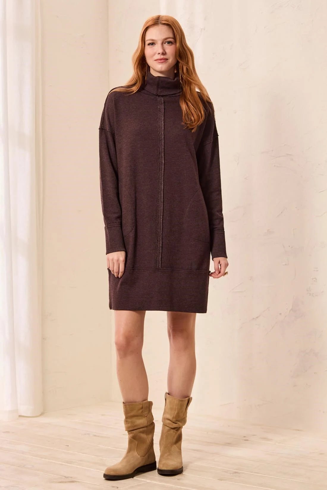 Tribal Soft French Terry Turtleneck Long Sleeve Knit Dress | Saddle Brown