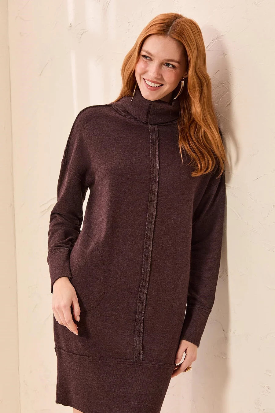 Tribal Soft French Terry Turtleneck Long Sleeve Knit Dress | Saddle Brown
