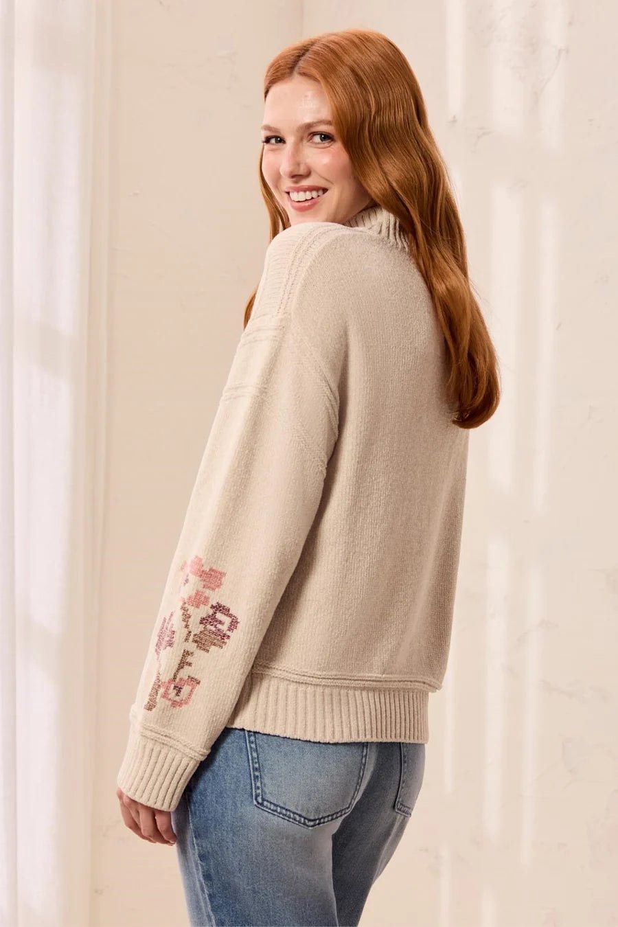 Tribal Soft Lace-Up Knit Sweater with Floral Embroidery | Chantilly - Juli's Wearable Art