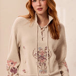 Tribal Soft Lace-Up Knit Sweater with Floral Embroidery | Chantilly - Juli's Wearable Art