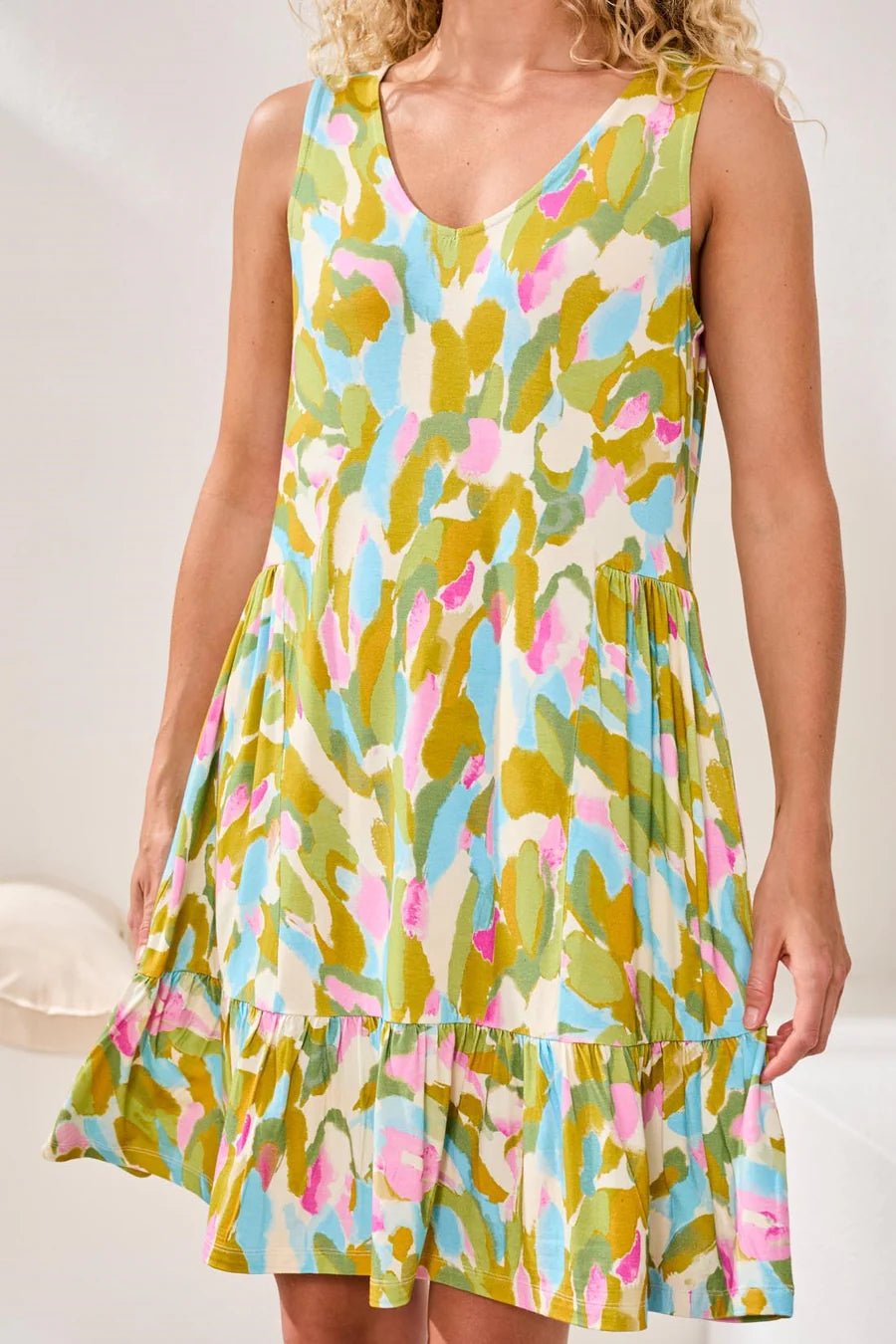 Tribal Soft Slub Knit Sleeveless V - Neck Dress - Juli's Wearable Art
