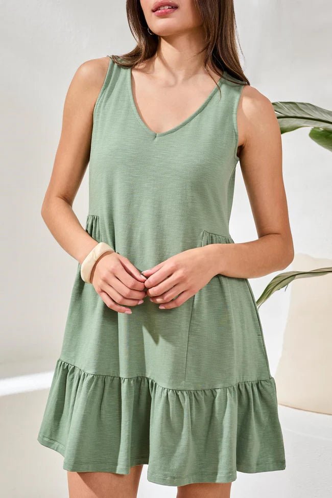 Tribal Soft Slub Knit Sleeveless V - Neck Tiered Dress | Moss - Juli's Wearable Art