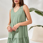 Tribal Soft Slub Knit Sleeveless V - Neck Tiered Dress | Moss - Juli's Wearable Art